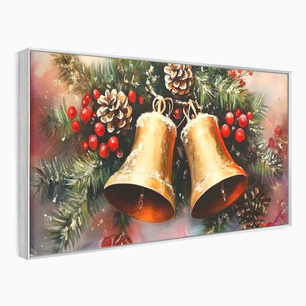 Tablou canvas cu tablou canvas cu clopotei aurii si conuri, in rama de aluminiu argintiu